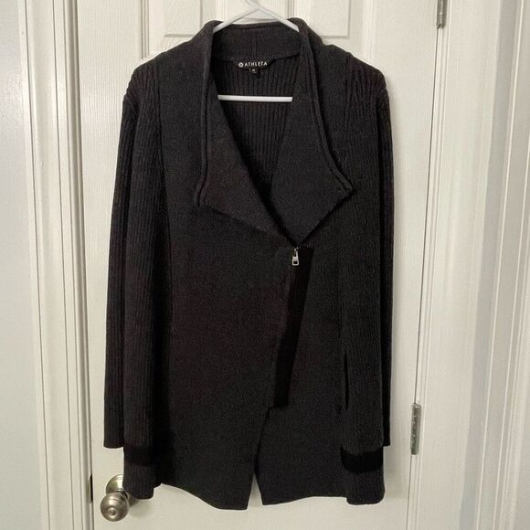 Athleta Merino Wool Blend Asymmetrical Zip Cardigan Sweater Jacket Charcoal Gray - Picture 1 of 7